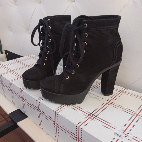 Leather Booties 6.5 Heeled Platform Boots - Picture 8 of 9